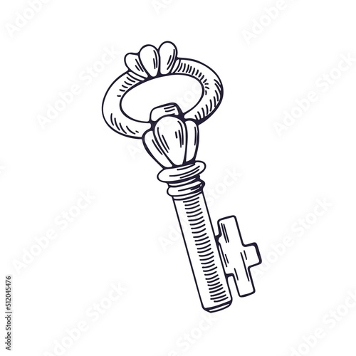 Vintage-styled drawing of old door key. Outlined contoured engraving, woodcut...