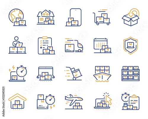 Delivery line icons. Return package, logistic service and delivery date set. Freight distribution, global export and courier truck line icons. Logistic transport, ship delivery. Vector
