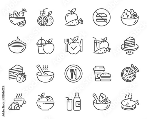 Meal line icons. Vegatable dish, poke bowl food and healthy salad set. Pizza, pasta spaghetti bowl and burger line icons. Breakfast meal, vegetable salad and fish. Apple and carrot fresh juice. Vector