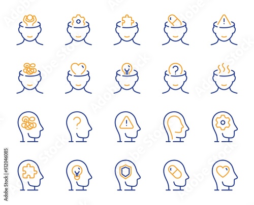 Mental health line icons. Stress anxiety, headache pill and person therapy set. Bipolar disorder, cognitive trouble and depression line icons. Society fear, mental care, stress treatment. Vector