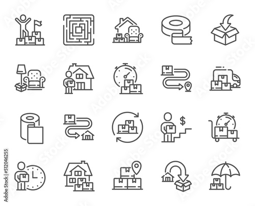 Moving service line icons. Furniture move, rent space and adhesive tape set. Package delivery, relocation service and carrying man line icons. Move parcel, delivery truck and maze labyrinth. Vector