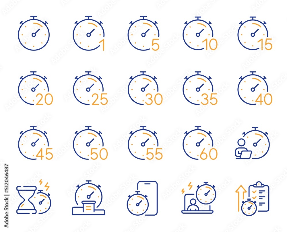 Timer line icons. Hourglass, clock time and stopwatch. Alarm countdown, sport measurement tool and 1 hour line icons. 10 minutes timer, time report, cook clock. Fast service, 60 seconds. Vector Timer line icons. Hourglass, clock time and stopwatch. Alarm countdown, sport measurement tool and 1 hour line icons. 10 minutes timer, time report, cook clock. Fast service, 60 seconds. Vector