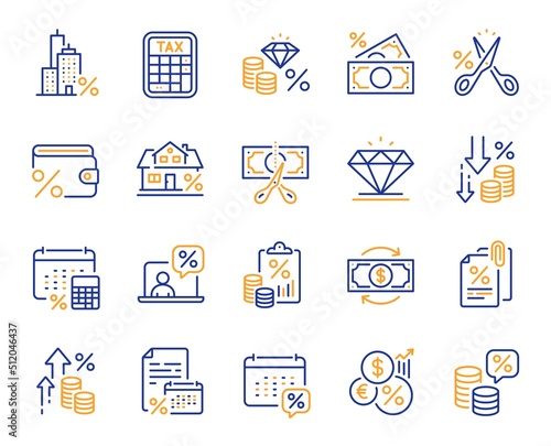 Tax line icons. Mortgage rate, Money credit and finance payroll set. Increase percent rate, return overpayment money, tax amount line icons. Jewel value, cut finance and tax evasion. Vector
