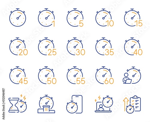 Timer line icons. Hourglass, clock time and stopwatch. Alarm countdown, sport measurement tool and 1 hour line icons. 10 minutes timer, time report, cook clock. Fast service, 60 seconds. Vector