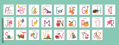 Kids ABC cards. Letter study set, english alphabet with food, animals and fairy tale characters cartoon illustrations vector collection.