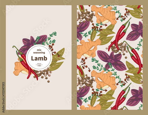 Label cover and seamless pattern seasoning for lamb Basil, Ginger, Chili pepper, Garlic, Clove, Bay leaf, Allspice, Thyme. Flat style
