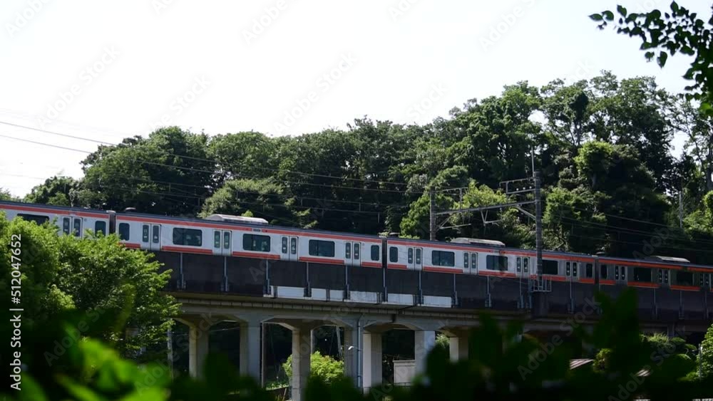 小高い丘の上、林をすり抜けて走り去る列車 小高い丘の上、林をすり抜けて走り去る列車