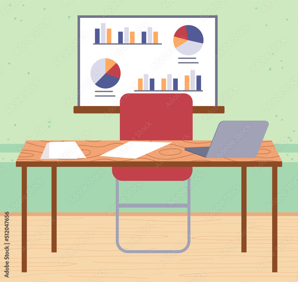 Empty office workplace interior design. Business objects, vector elements and equipment. Modern office with furniture, laptop on table, chairs, workspace at home or office premice without employees Empty office workplace interior design. Business objects, vector elements and equipment. Modern office with furniture, laptop on table, chairs, workspace at home or office premice without employees