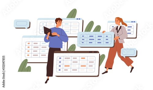 Database development, administration concept. Software engineers work with big data. Coders developing system with spreadsheets, tables. Flat graphic vector illustration isolated on white background