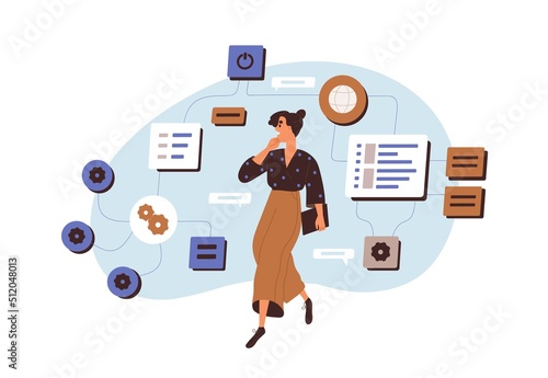 CMS, software architecture concept. Administration of content management system, network structure, optimization of online processes in business. Flat vector illustration isolated on white background