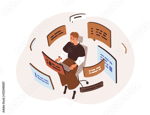 CMS development concept. Administration of content management system. Programmer developing, programming software. Online information flow. Flat vector illustration isolated on white background