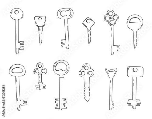 Set of doodle keys. Hand drawn sketch icon. Sign symbol. Vector illustration..