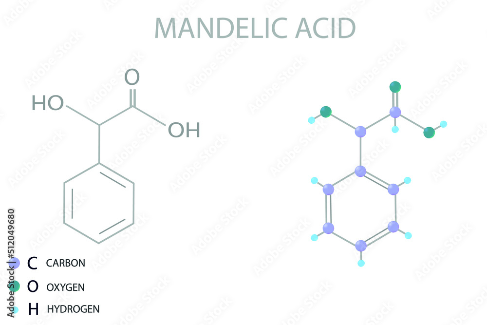 Mandelic acid molecular skeletal 3D chemical formula. Mandelic acid molecular skeletal 3D chemical formula.