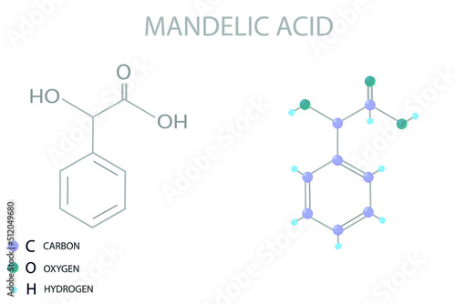 Mandelic acid molecular skeletal 3D chemical formula.	