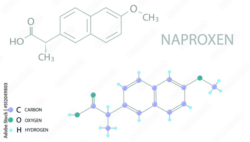 Naproxen molecular skeletal 3D chemical formula. Naproxen molecular skeletal 3D chemical formula.