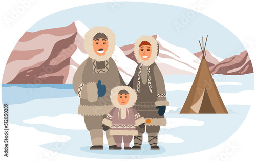 Family in warm clothes living in Arctic vector illustration. Landscape with mountains view. Polar region nature and population, winter scenery. Eskimos, inhabitants of pole standing near igloo