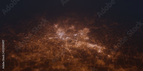 Street lights map of Kharkiv (Ukraine) with tilt-shift effect, view from south. Imitation of macro shot with blurred background. 3d render, selective focus