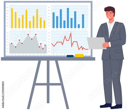Analytics information and development statistics. Web analysis measure, product testing technology. Man analyses dashboard seo optimization, digital report. Statistical indicators and data on diagram