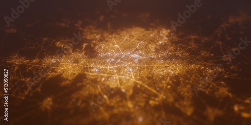 Street lights map of Puebla (Mexico) with tilt-shift effect, view from north. Imitation of macro shot with blurred background. 3d render, selective focus