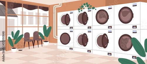 Laundry shop, empty room with washing machines row. Public industrial self-service laundromat with automatic washers for cleaning, drying clothes. Laundrette interior. Flat vector illustration