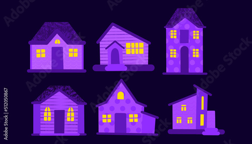 Set of purple night monochrome houses on a dark blue background with yellow light in the windows