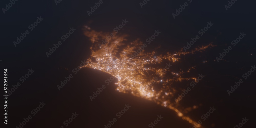 Street lights map of Lima (Peru) with tilt-shift effect, view from south. Imitation of macro shot with blurred background. 3d render, selective focus