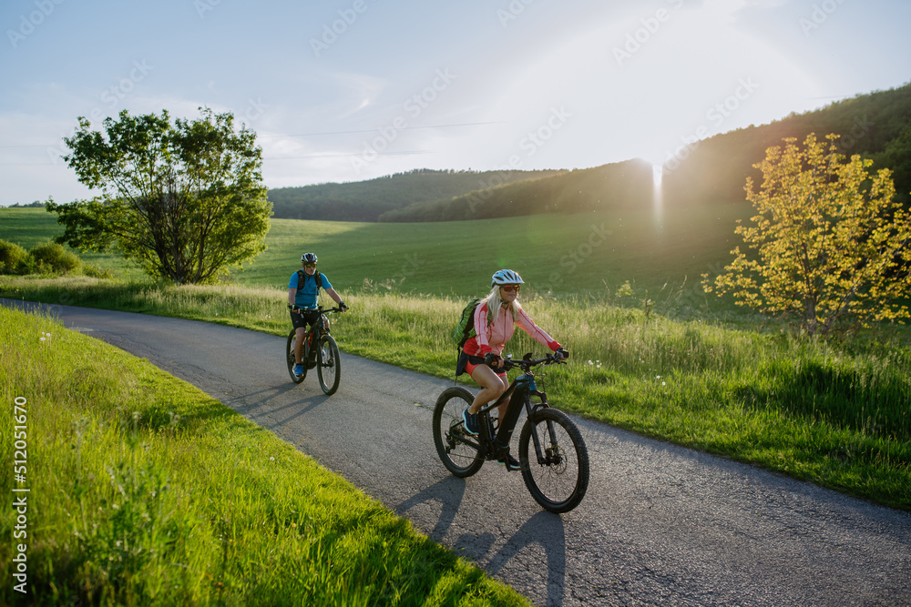 Active senior couple riding electric bicycles on road at summer park, healthy lifestyle concept.