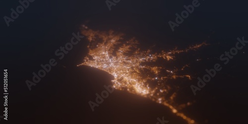 Street lights map of Lima (Peru) with tilt-shift effect, view from south. Imitation of macro shot with blurred background. 3d render, selective focus