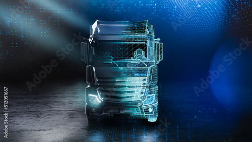 Futuristic truck scene with wireframe intersection (3D Illustration)