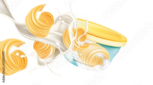 Butter slice with packaging mock up elements design on solid color background. Realistic vector in 3D illustration.