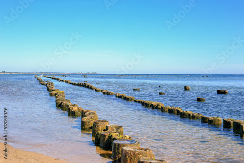 A heron standing on the ruins of the pier in Poland