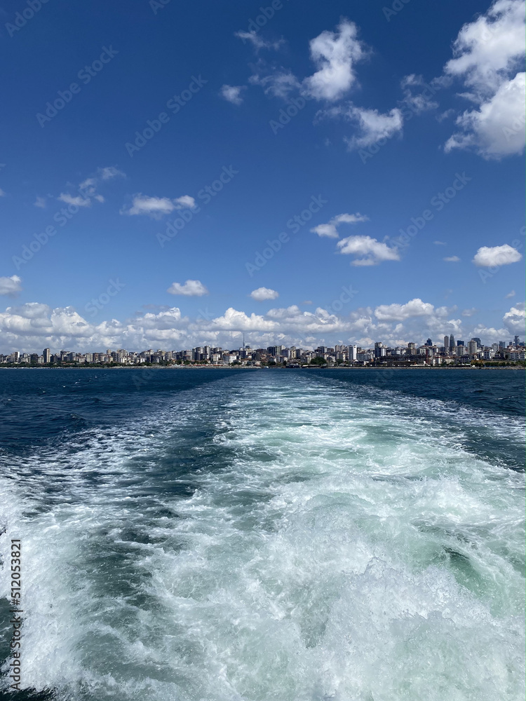 TURKEY,ISTANBUL: View on the city line from the ferry shipping to the Princes islands near Istanbul. People traveling through the Marmara sea to Princes islands in Istanbul, Turkey. Ferry port 
