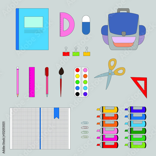 Back to school  elements isolated on gray background. Equipment learning office accessories