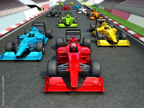 Brandless racing cars on the race track. 3D illustration