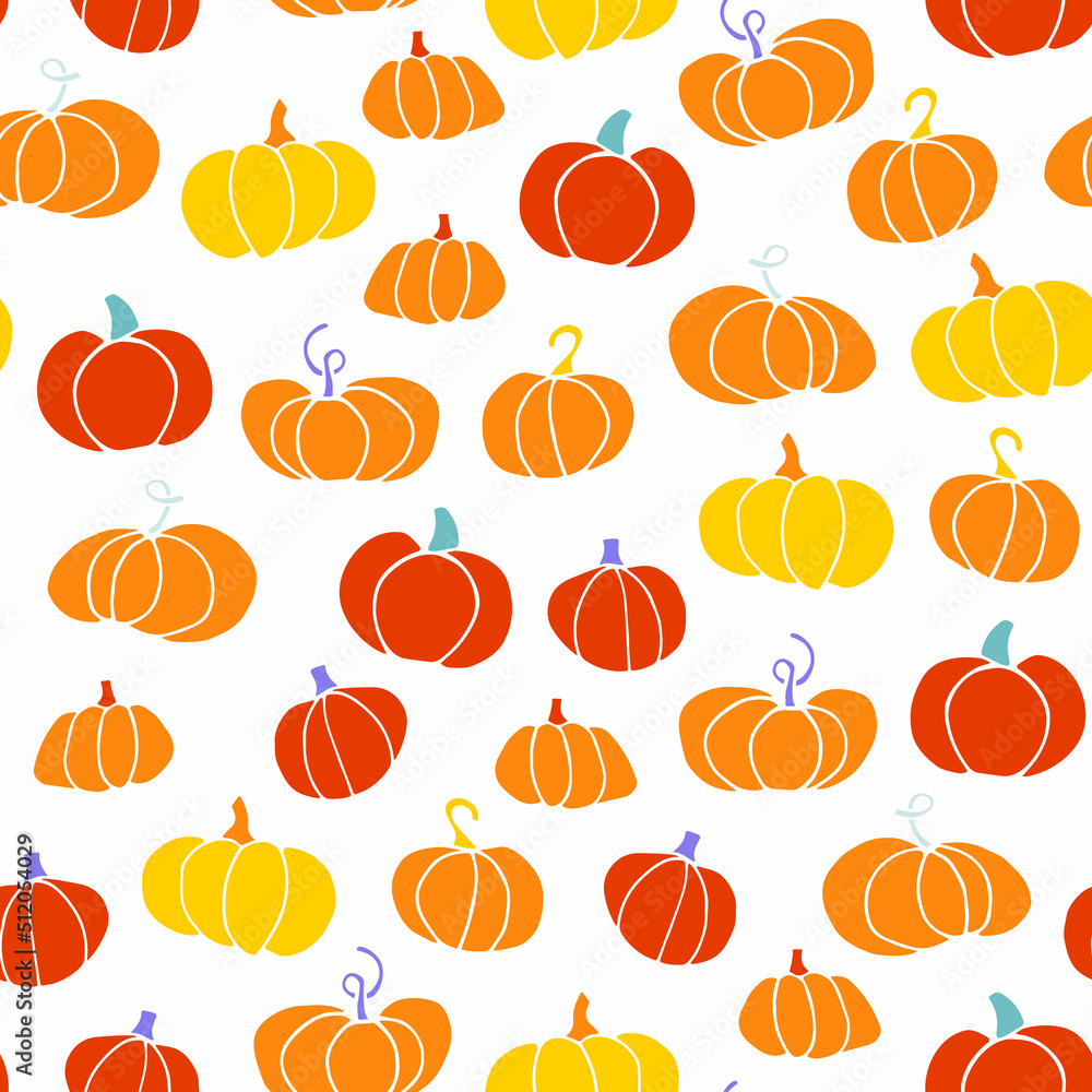 Cartoon Pumpkin seamless pattern. Different gourd on white background. Orange hand-drawn vegetable. Vector line illustration for package, wallpaper, autumn holidays, markets, Halloween, Thanksgiving Cartoon Pumpkin seamless pattern. Different gourd on white background. Orange hand-drawn vegetable. Vector line illustration for package, wallpaper, autumn holidays, markets, Halloween, Thanksgiving