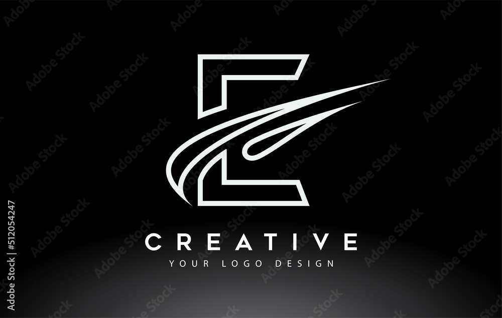 Creative E Letter Logo Design with Swoosh Icon Vector.