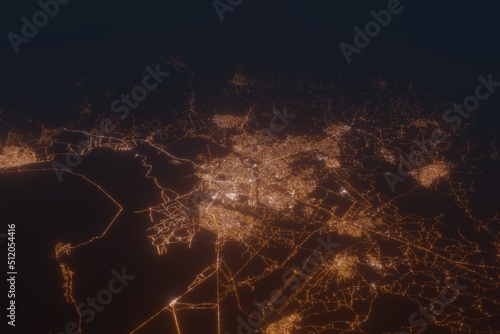 Aerial shot on Gaborone (Botswana) at night, view from east. Imitation of satellite view on modern city with street lights and glow effect. 3d render photo