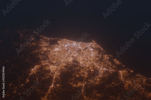 Aerial shot of Fortaleza (Brazil) at night, view from south. Imitation of satellite view on modern city with street lights and glow effect. 3d render