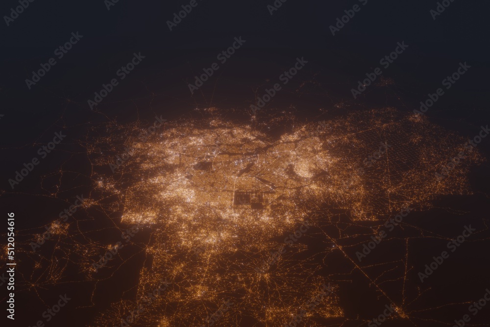 Aerial shot of Ouagadougou (Burkina Faso) at night, view from south. Imitation of satellite view on modern city with street lights and glow effect. 3d render