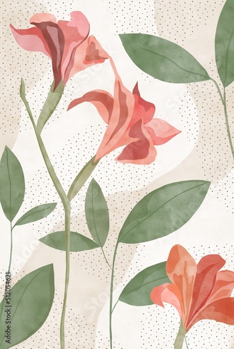 Poster with watercolor flowers. Red lilies. Abstract art