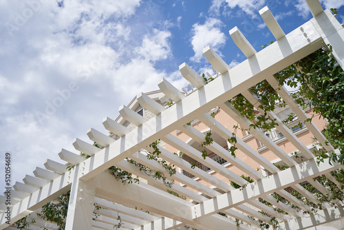 Stampa su tela White wooden pergola roof for shade againt sky