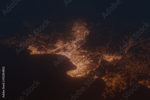 Aerial shot on Vina del Mar (Chile) at night, view from west. Imitation of satellite view on modern city with street lights and glow effect. 3d render