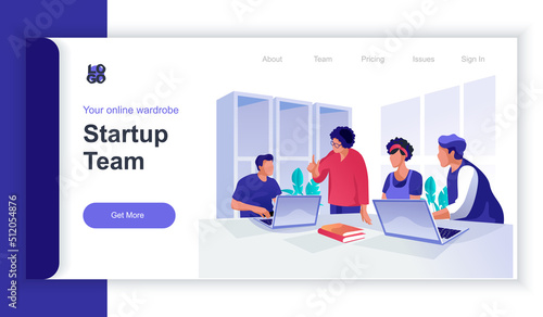 Startup team concept 3d isometric web banner with people scene. Employees collaborate and generate ideas and launch new business together. Vector illustration for landing page and web template design