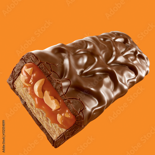 Delicious chocolate coated snack bar with caramel and peanut. 3d illustration.  photo