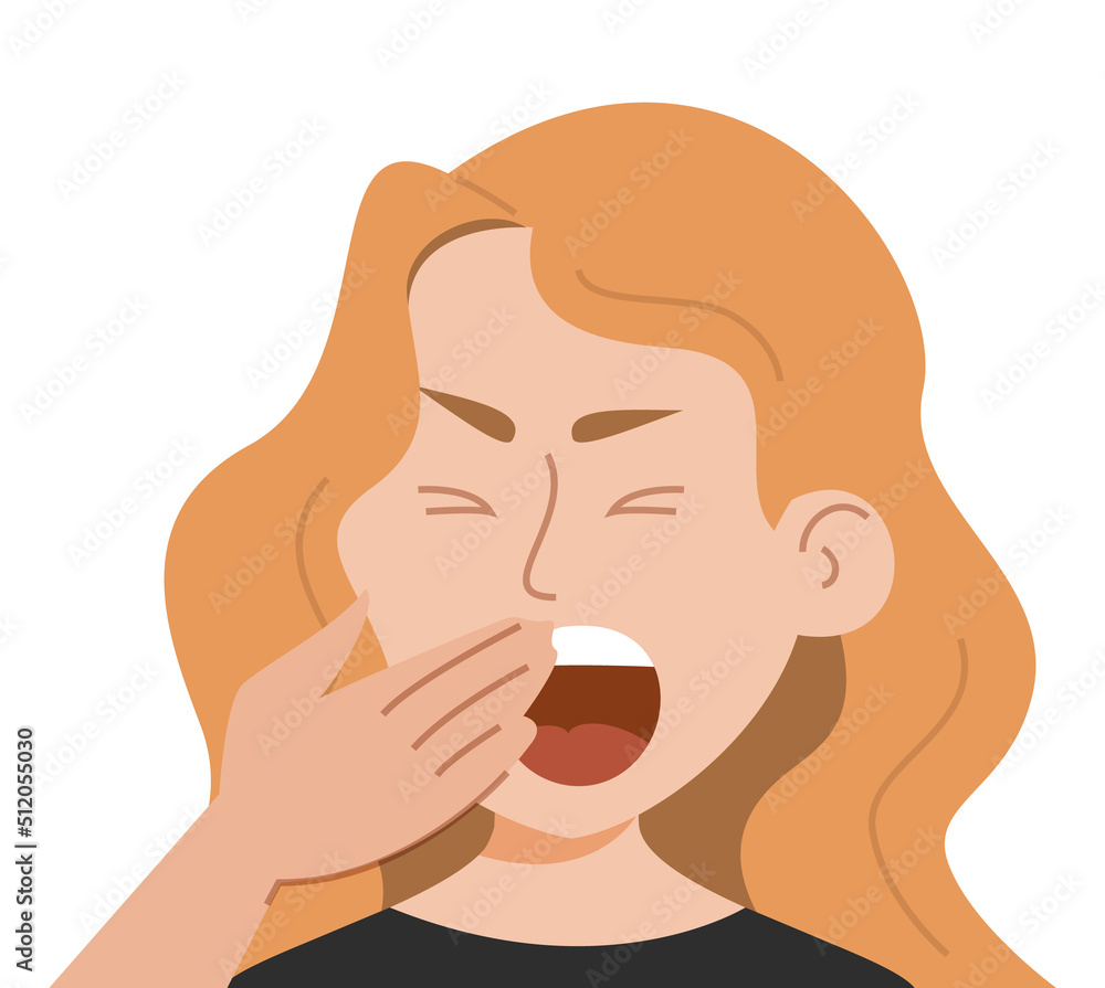 Portrait of a yawning woman vector isolated. Illustration of female character, pretty person is tired and exhausted. Young woman wants to sleep or bored.