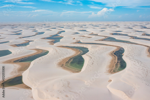 Aerial of freshwater lakes between huge sand dunes in the Lencois Maranhenses National Park, Maranhao, Brazil photo