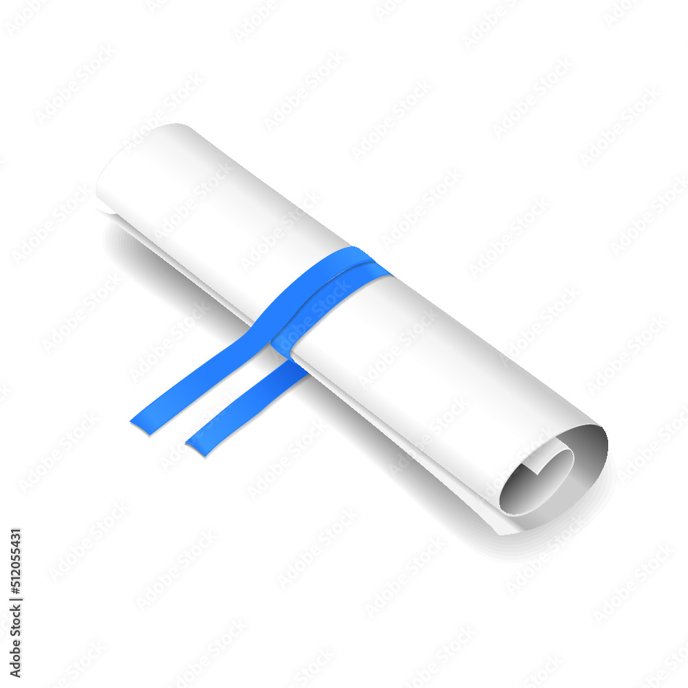 White roll paper with blue ribbon isolated on a white background White roll paper with blue ribbon isolated on a white background