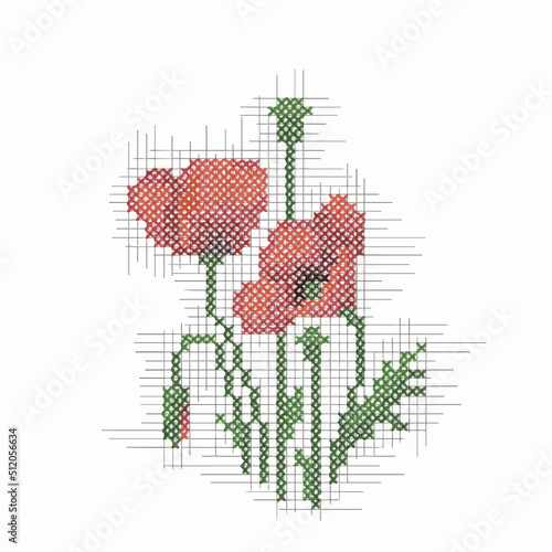 vector illustration cross stitch poppies, Ukrainian folk embroidery