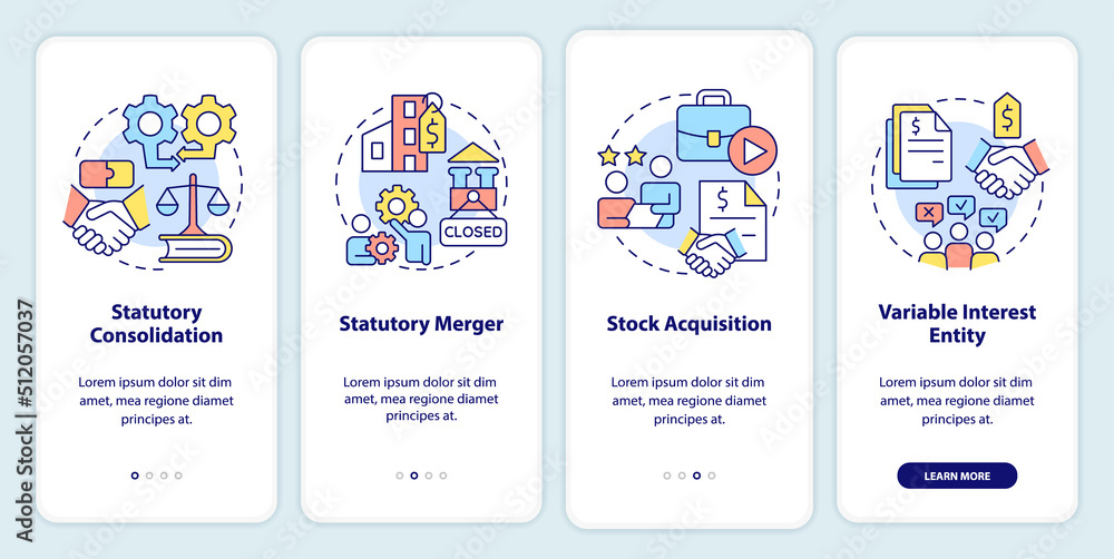 Naklejka premium Business consolidation strategies onboarding mobile app screen. Walkthrough 4 steps editable graphic instructions with linear concepts. UI, UX, GUI template. Myriad Pro-Bold, Regular fonts used