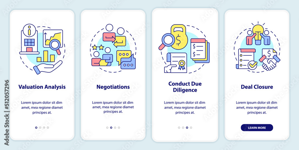 Stages of merger onboarding mobile app screen. Business consolidation walkthrough 4 steps editable graphic instructions with linear concepts. UI, UX, GUI template. Myriad Pro-Bold, Regular fonts used